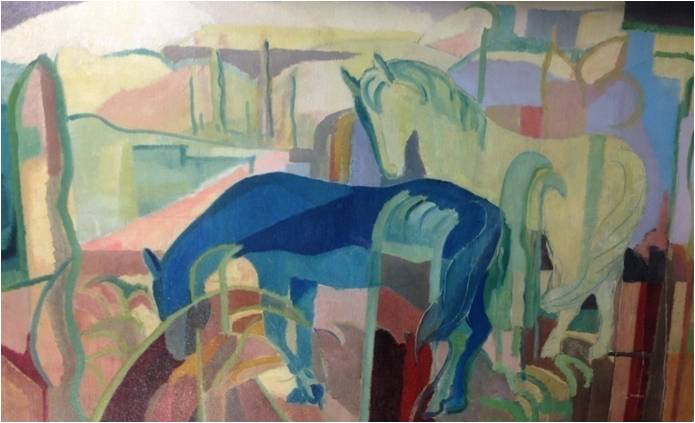 jmdorelavant Les Chevaux bleus de Jean-Marc Dorel Peintre français (huile sur Isorel XXème) Confié par le conseil départemental de la Drôme